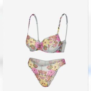 Savage X Fenty Floral Lace Bra and Panty Set - Pink and Yellow. Mod Poppy 38 C.